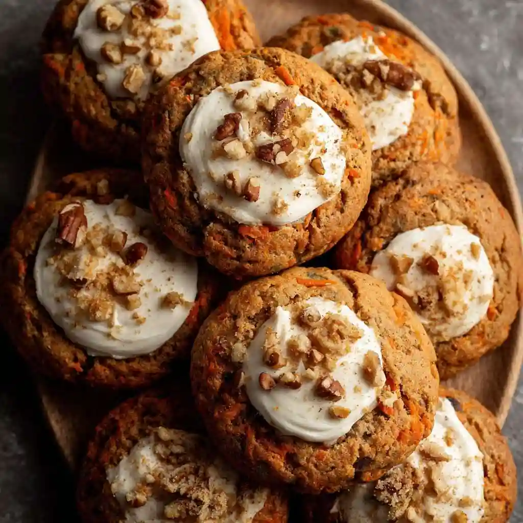 Chewy carrot cake cookies on a plate, perfect for satisfying dessert cravings
