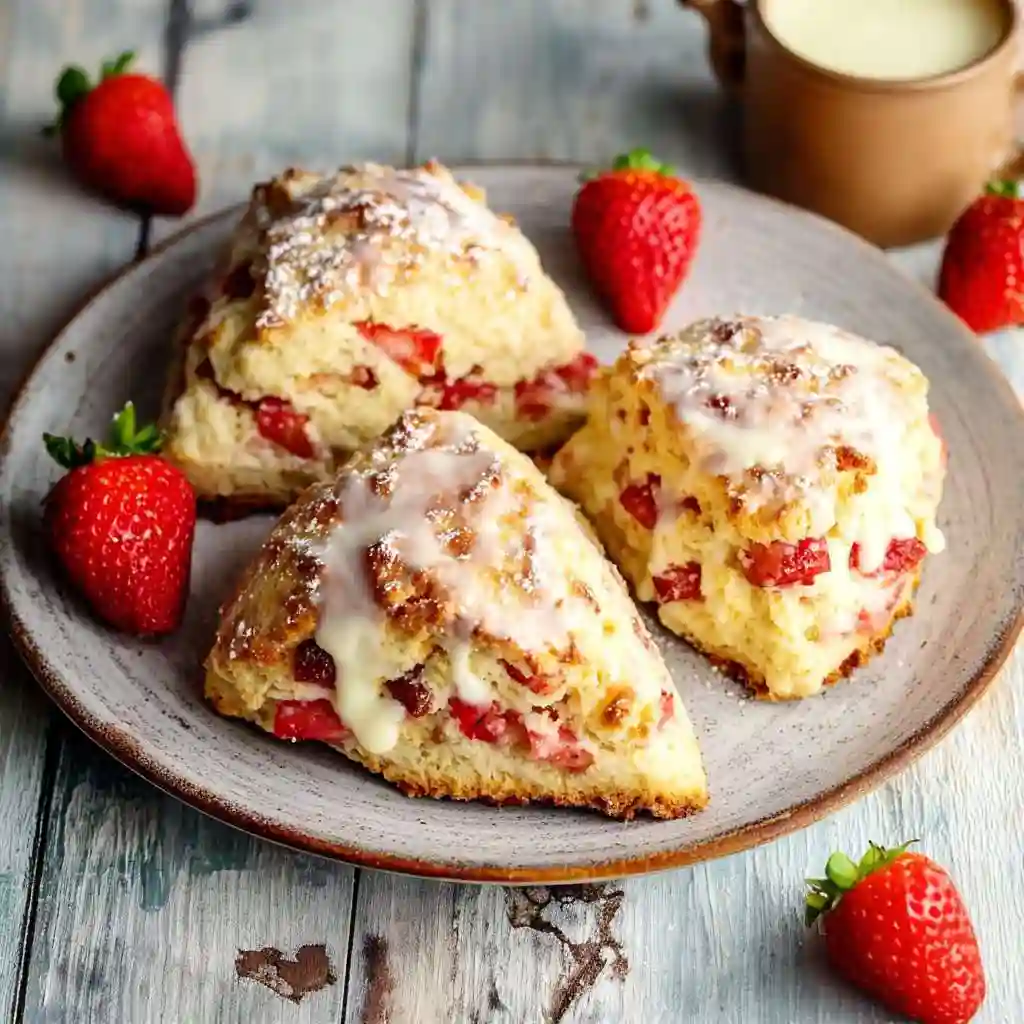 Freshly baked strawberry scones with strawberries on a plate