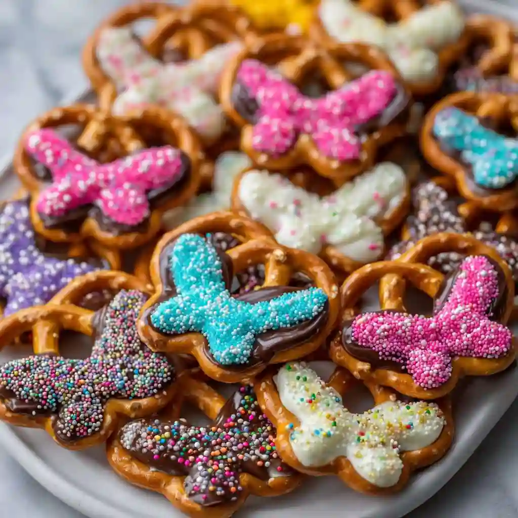 Colorful butterfly pretzels decorated for a festive snack