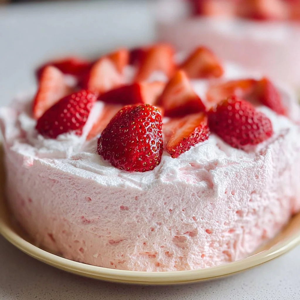 No bake strawberry cloud cake topped with fresh strawberries and whipped cream