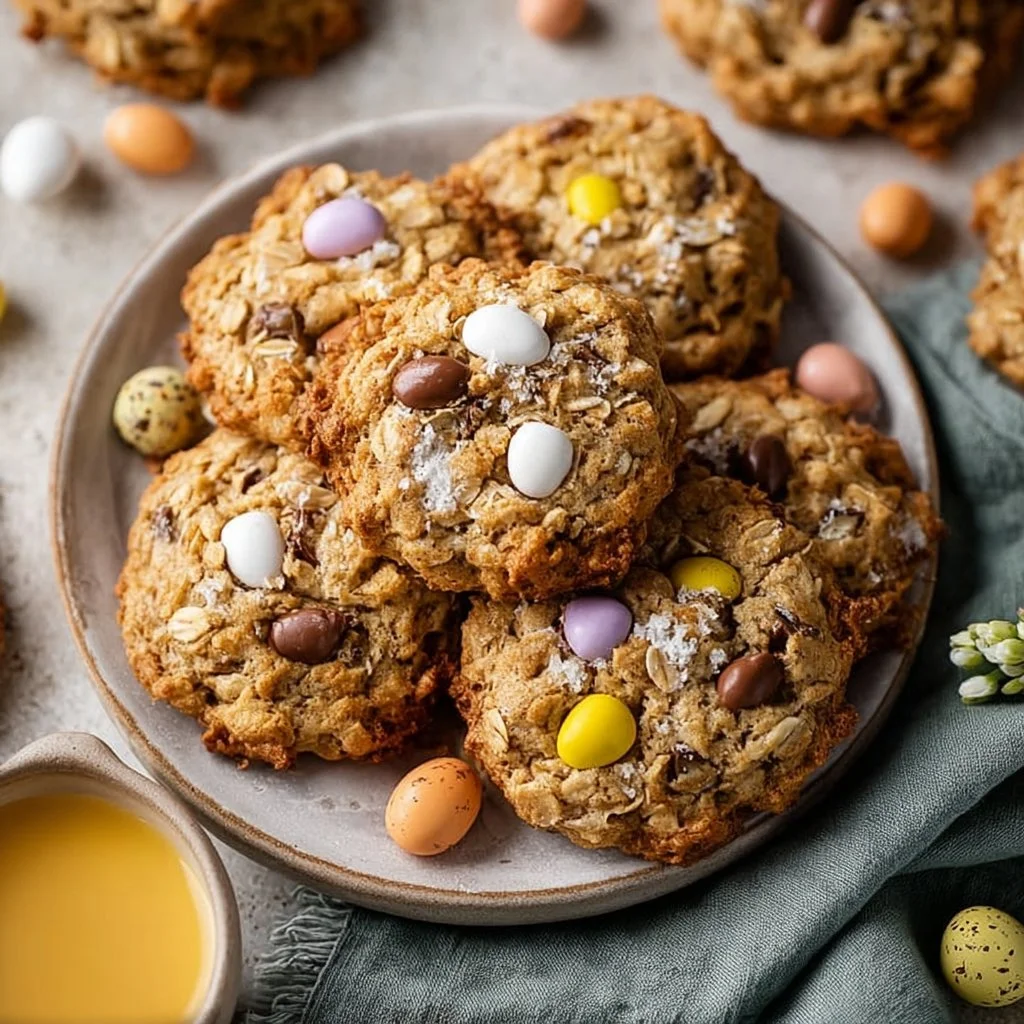 Baked Cadbury Egg Oatmeal Cookies on a cooling rack