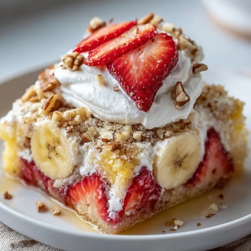Delicious banana split dump cake topped with ice cream and cherries