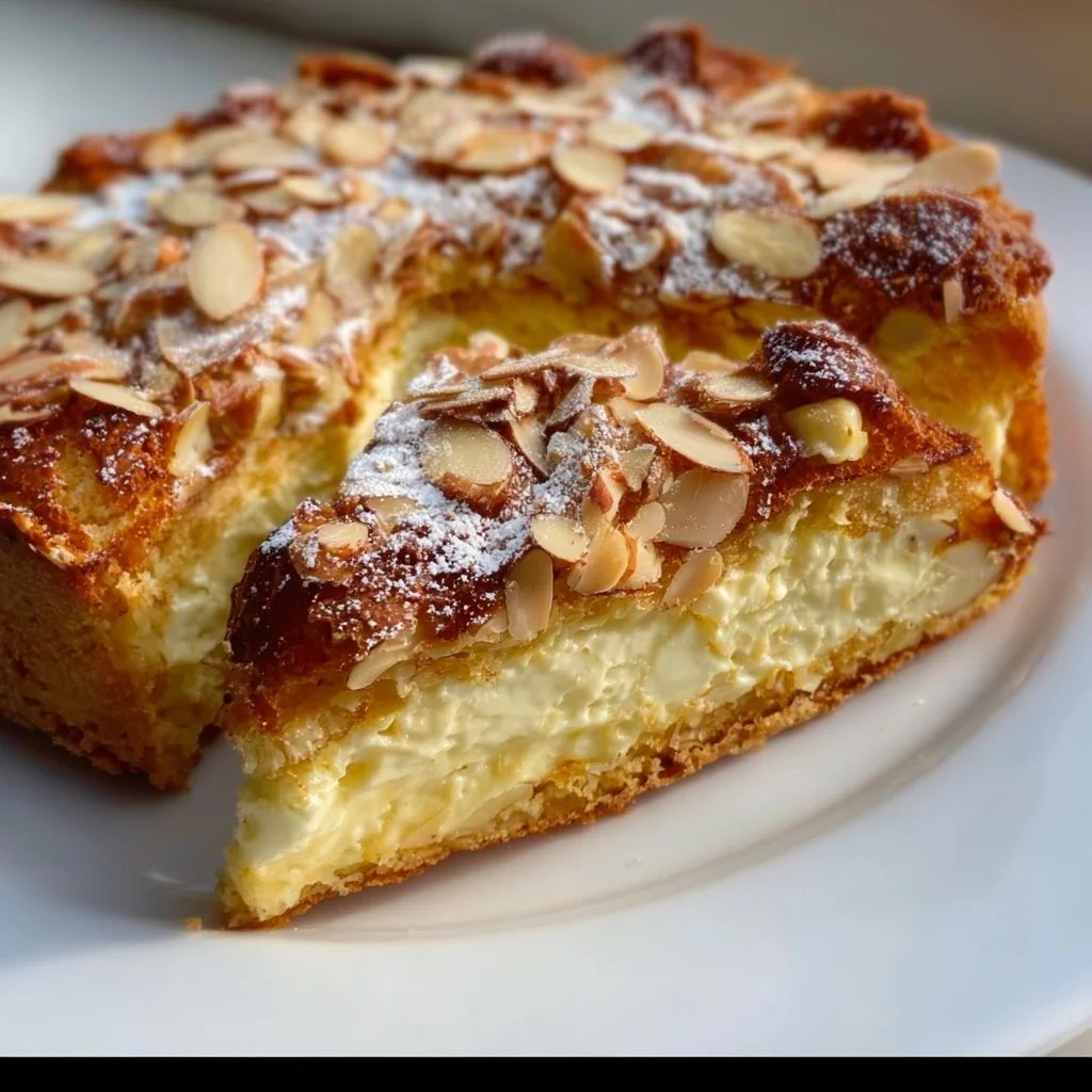 Delicious slice of traditional Bee Sting Cake with honey and almond topping