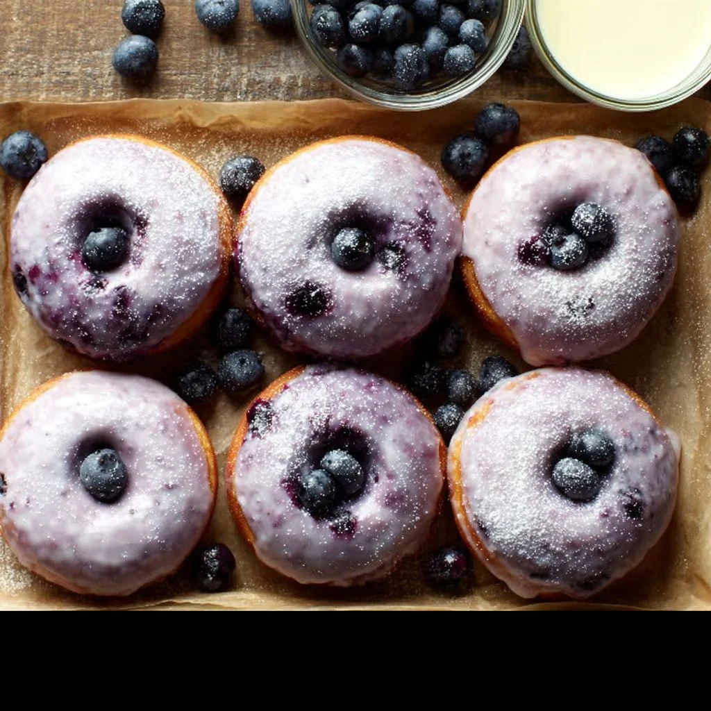 Freshly baked blueberry cake donuts topped with icing and blueberries