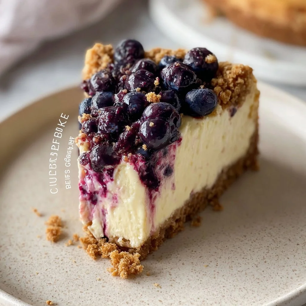 Delicious blueberry cheesecake slice topped with fresh blueberries and cream.