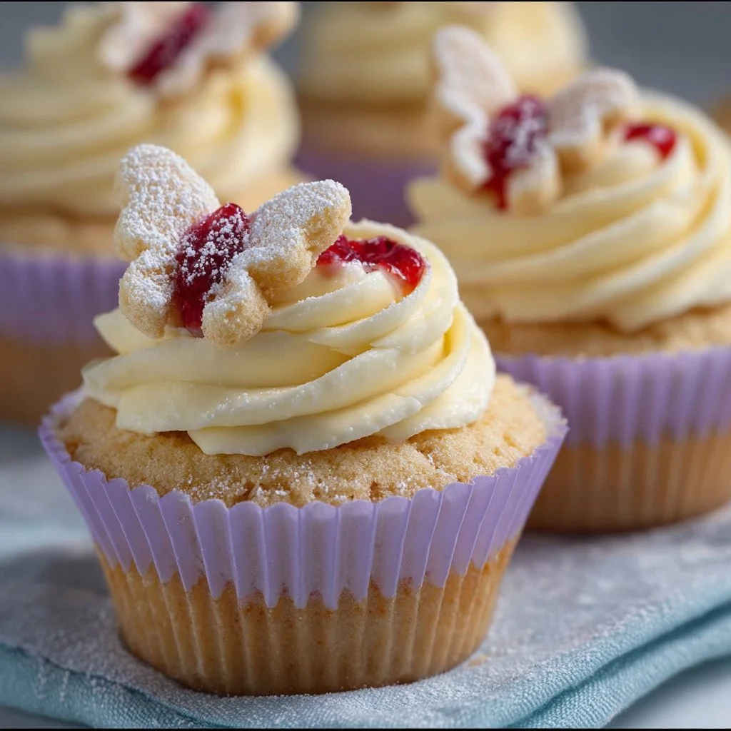 Assorted butterfly cupcakes decorated with colorful wings and edible flowers