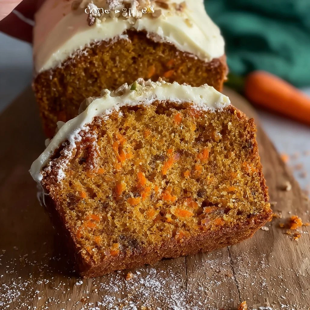 Slice of homemade carrot cake loaf with cream cheese frosting