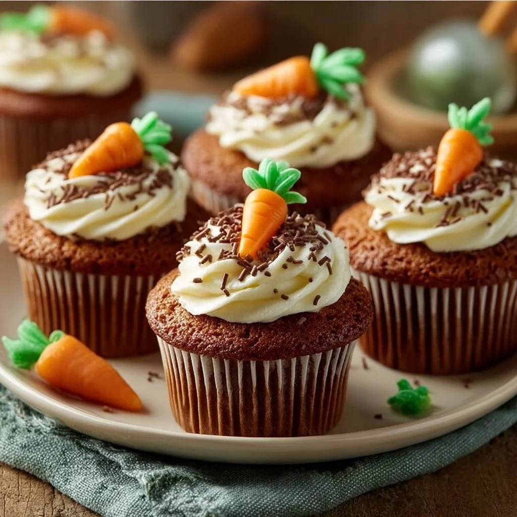 Delicious Carrot Patch Cupcakes with cream cheese frosting and edible decorations