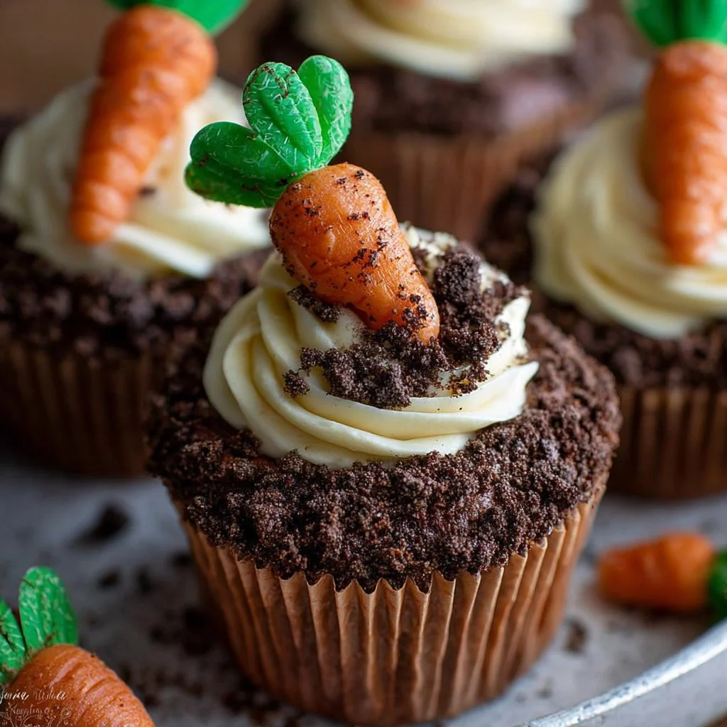 Colorful Carrot Patch Cupcakes decorated with edible grass and candy carrots.