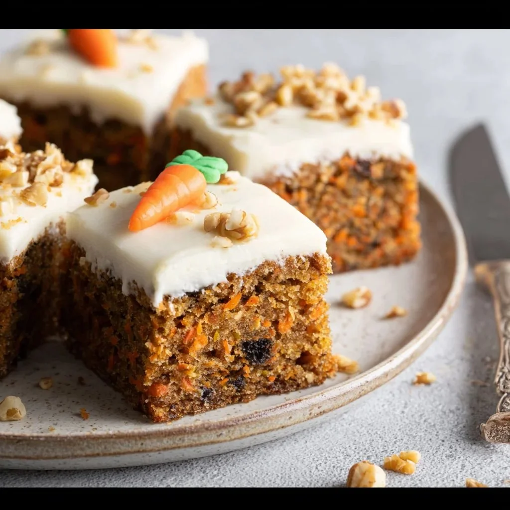 Delicious Carrot Pineapple Walnut Cake topped with cream cheese frosting.