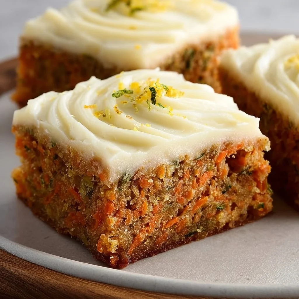 Carrot zucchini bars with lemon frosting on a wooden table