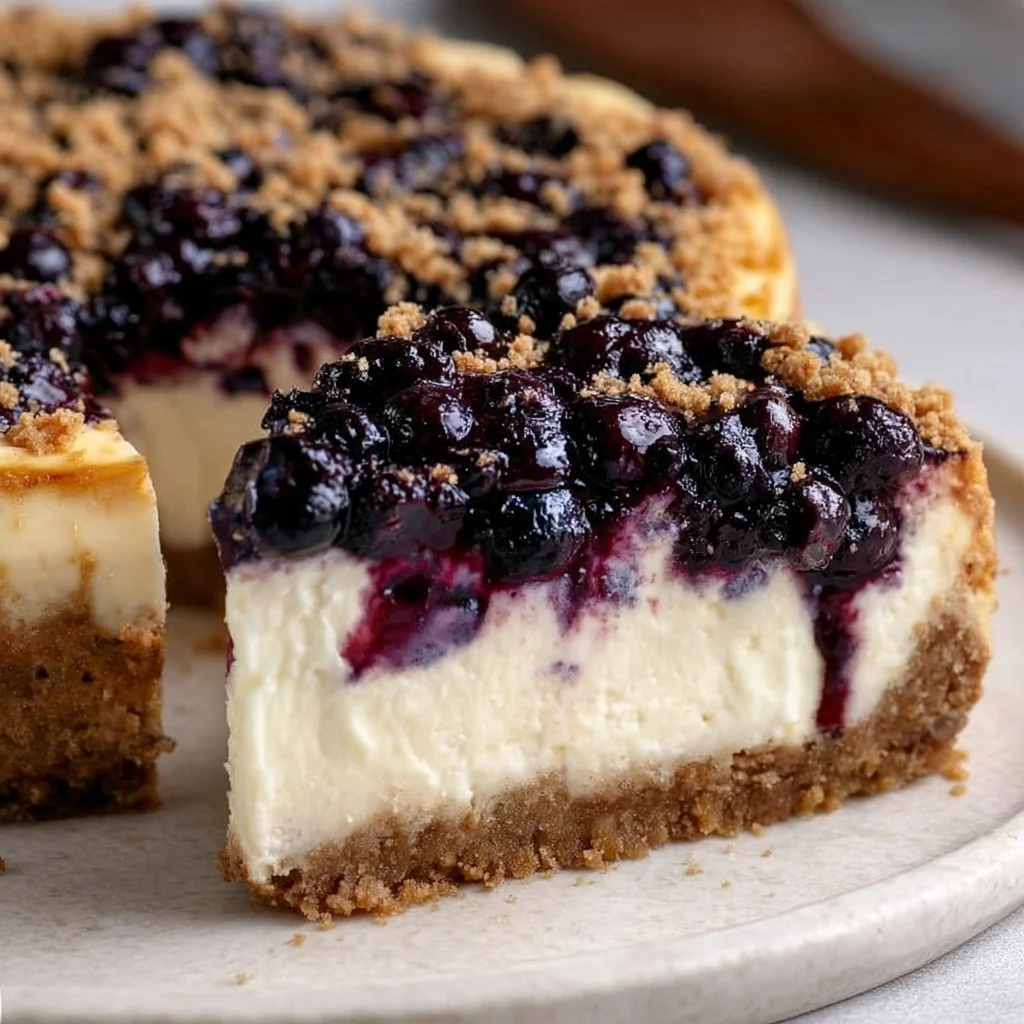 Delicious slice of creamy blueberry cheesecake topped with fresh blueberries