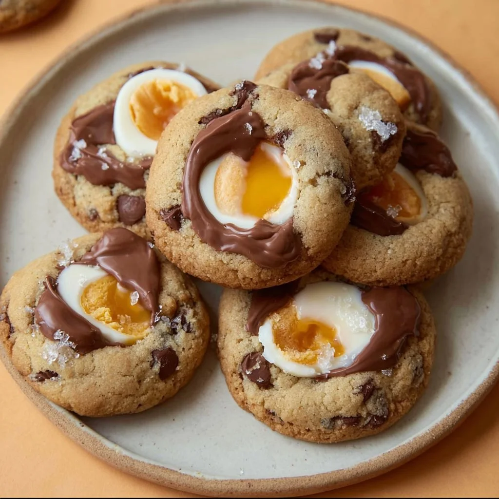 Delicious Creme Egg NYC cookies with a gooey chocolate filling
