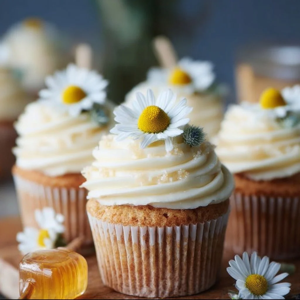 Delicious chamomile cupcakes with honey buttercream icing on a decorative plate