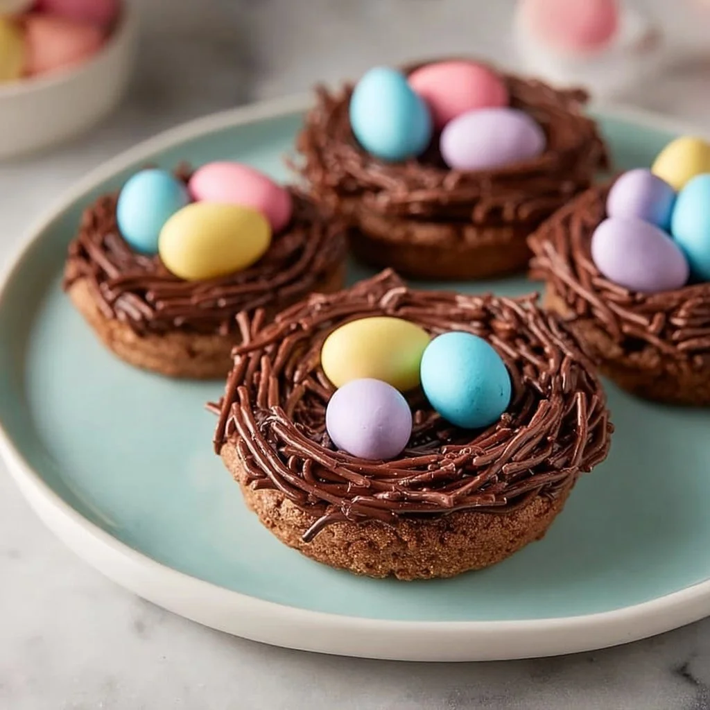 Easter Birds Nest Cookies decorated with chocolate and colorful candy eggs