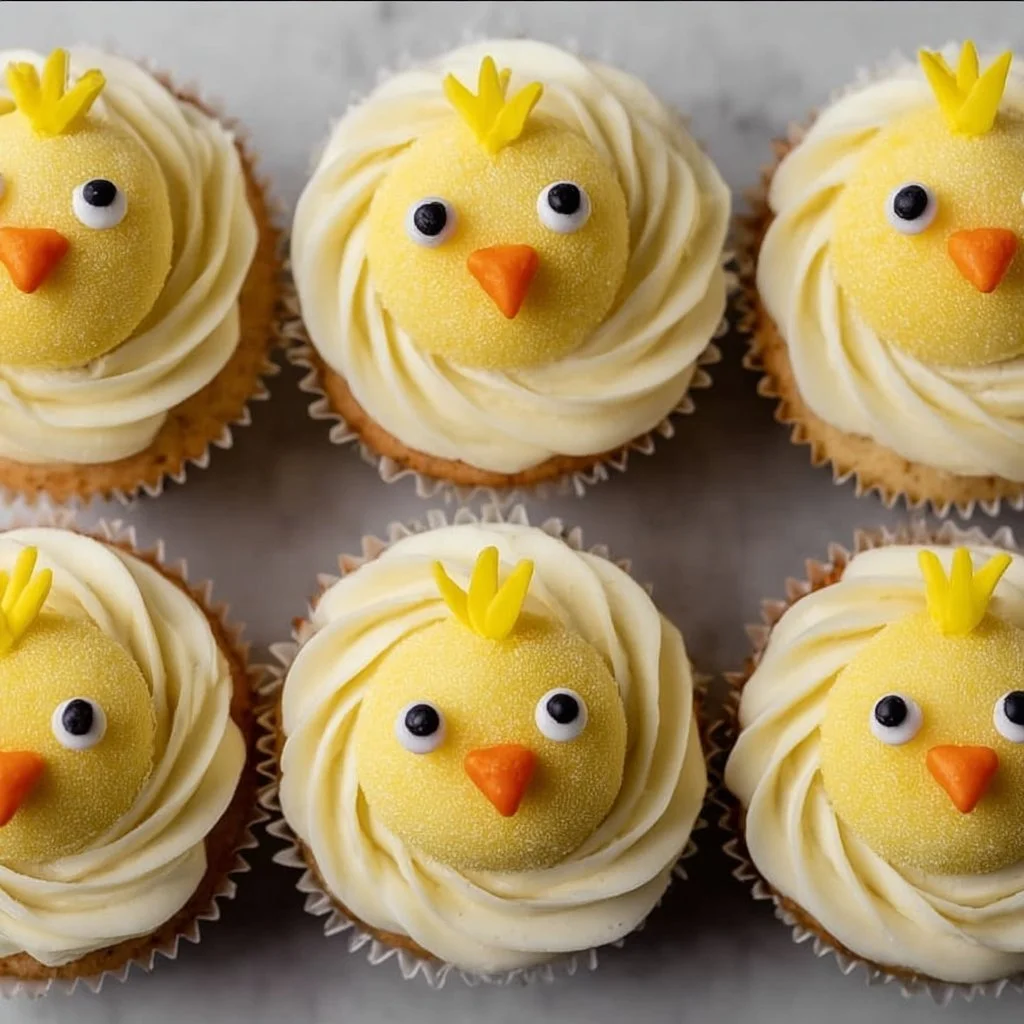 Colorful Easter Chick Cupcakes decorated with cute chick designs for Easter.