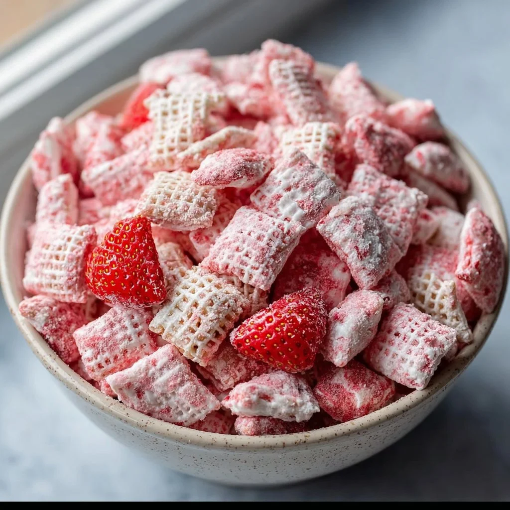 Fluffy strawberry shortcake puppy chow dessert mix in a bowl
