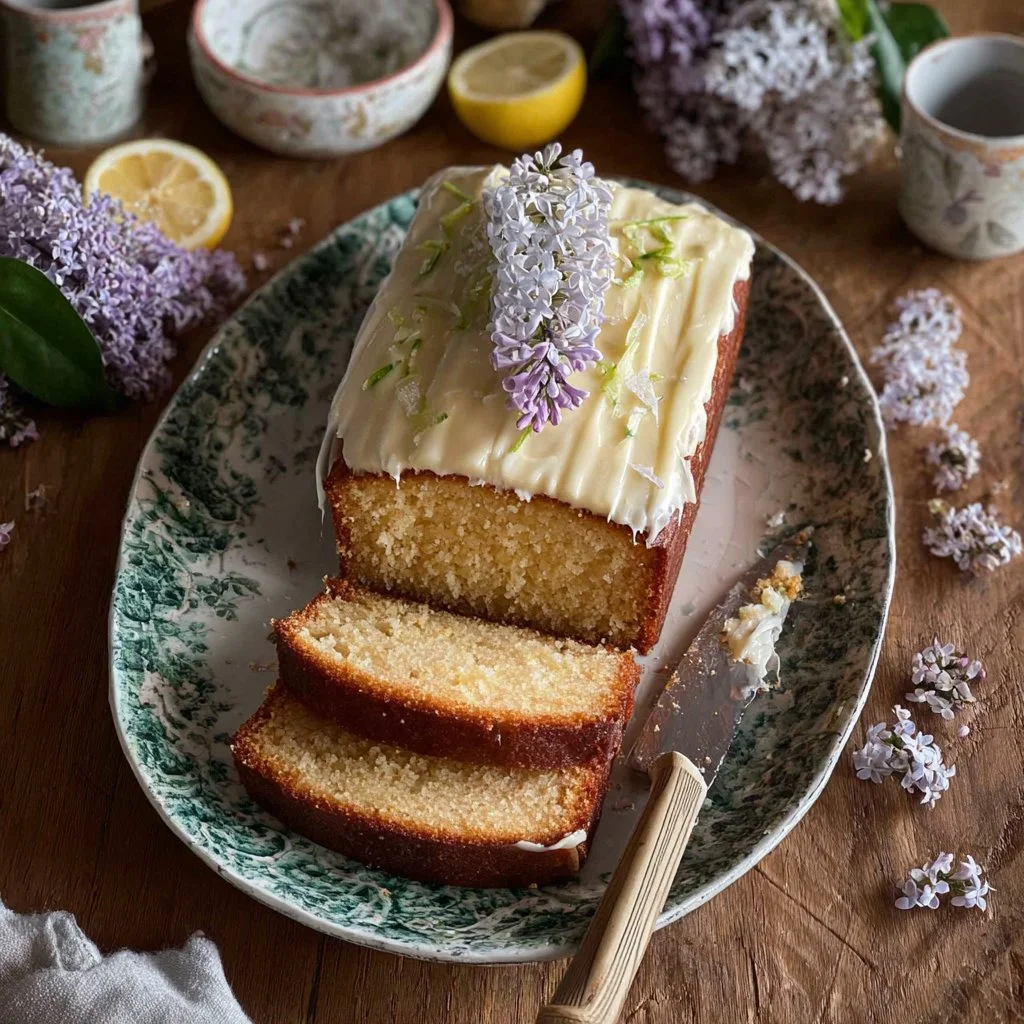 Fresh Spring Lilac Lemon Cake with a zesty lemon frosting and lilac garnish