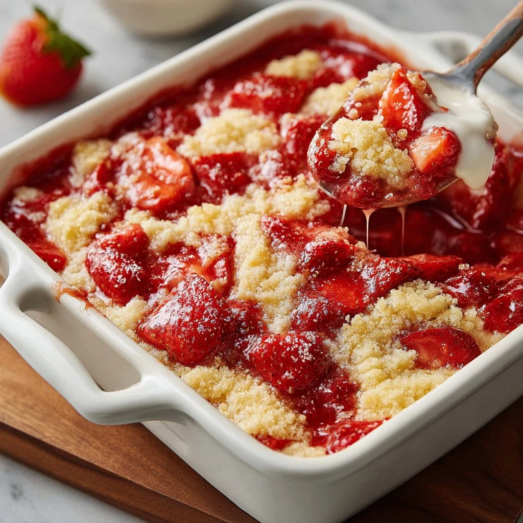 Delicious fresh strawberry cobbler served in a dish