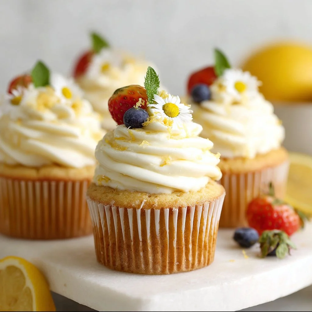 Plate of gluten-free lemon cupcakes with lemon frosting