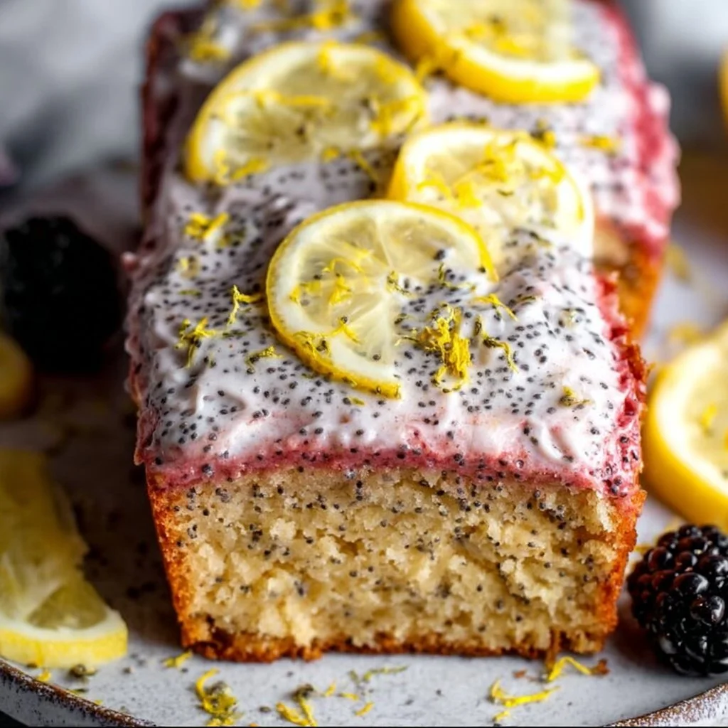 Gluten-free lemon poppy seed cake topped with zesty icing and poppy seeds