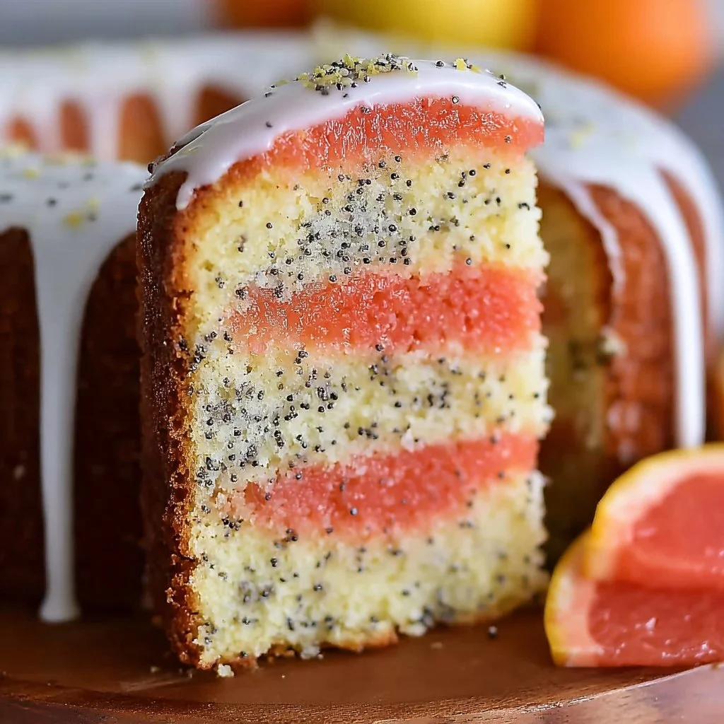 A slice of grapefruit poppy seed cake garnished with citrus zest and poppy seeds