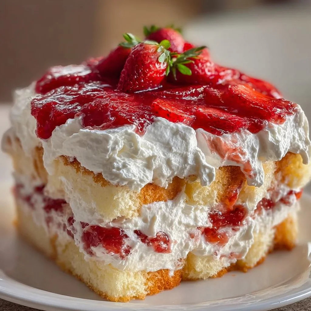Heaven on Earth Cake topped with fresh fruit and whipped cream