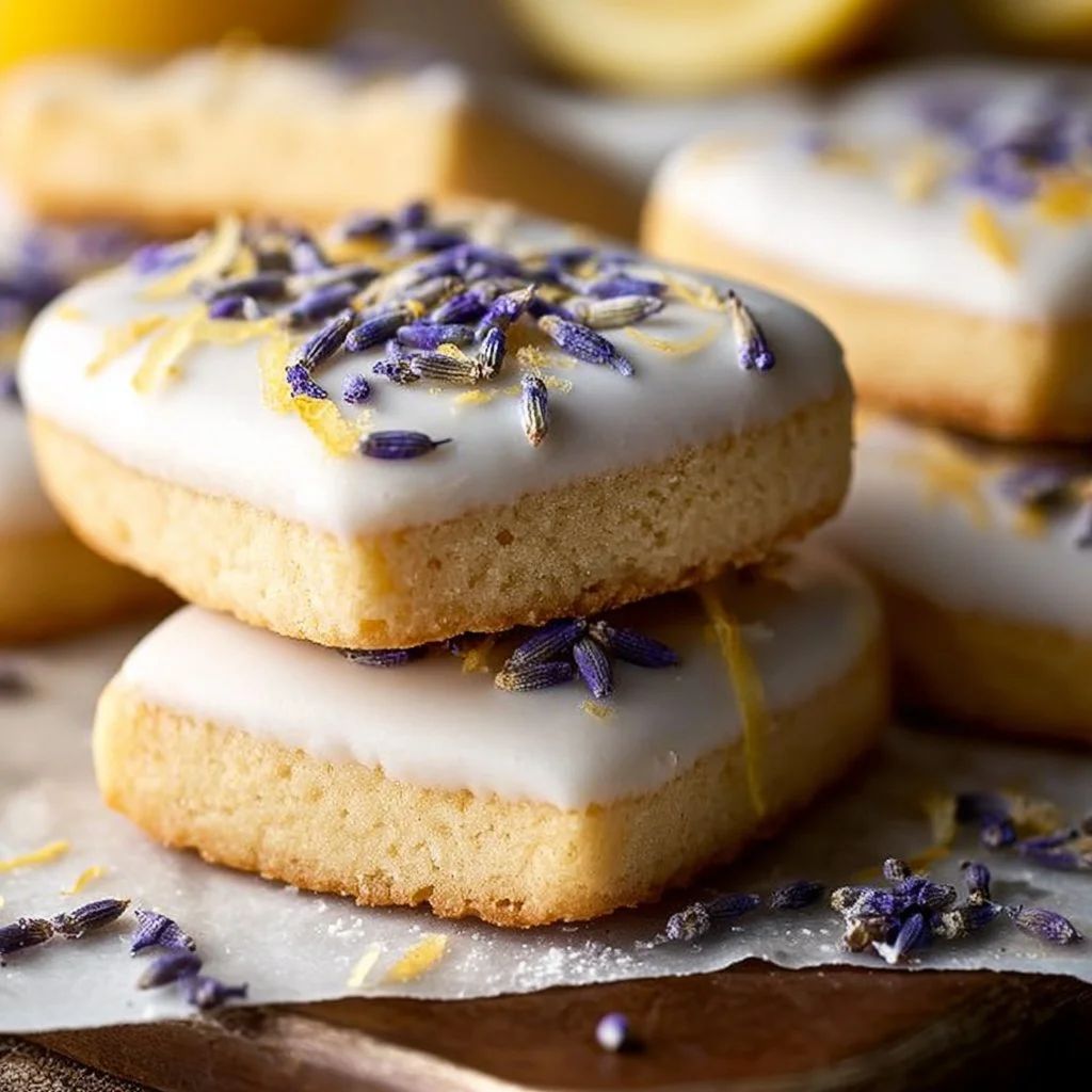 Iced lemon lavender shortbread cookies on a plate, decorated with lavender sprigs.