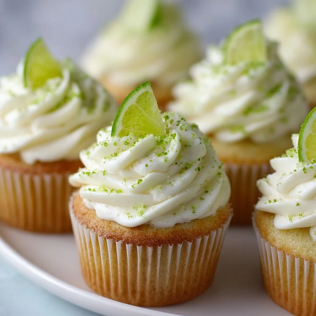 Key lime cupcakes with creamy buttercream frosting on a decorative plate