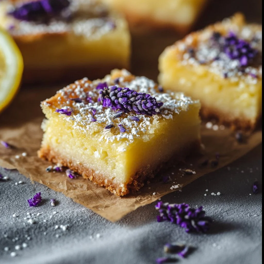 Delicious lavender lemon bars with a sprinkle of lavender petals on top.