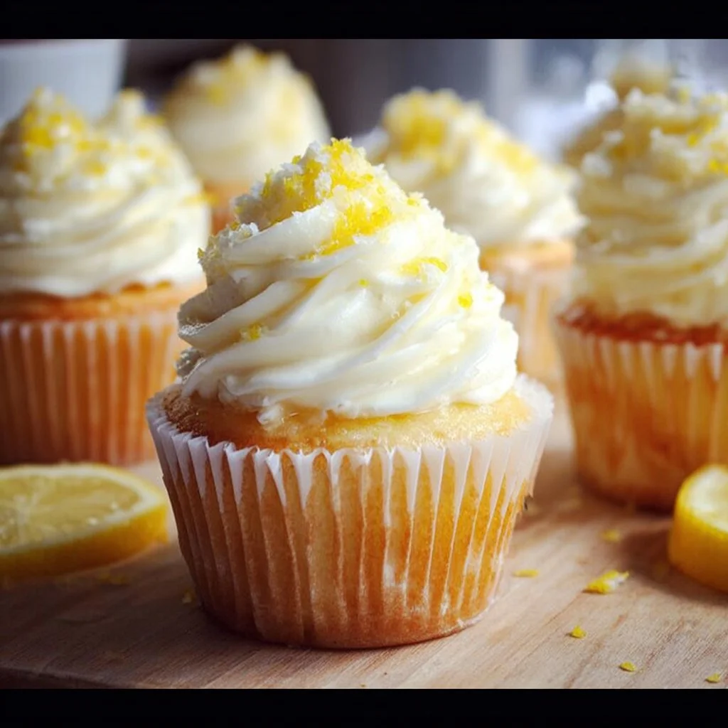 Delicious lemon cupcakes topped with lemon frosting and zest