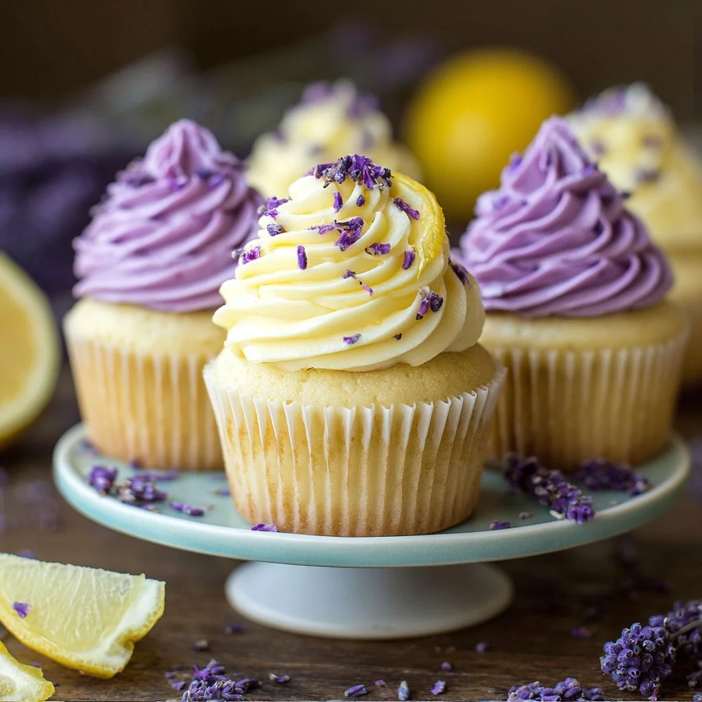 Freshly baked lemon lavender cupcakes with floral garnish on a plate