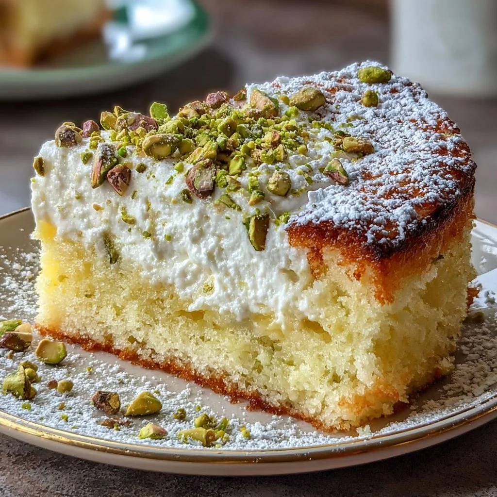 Slice of Lemon Pistachio Ricotta Cloud Cake topped with lemon zest and pistachios.