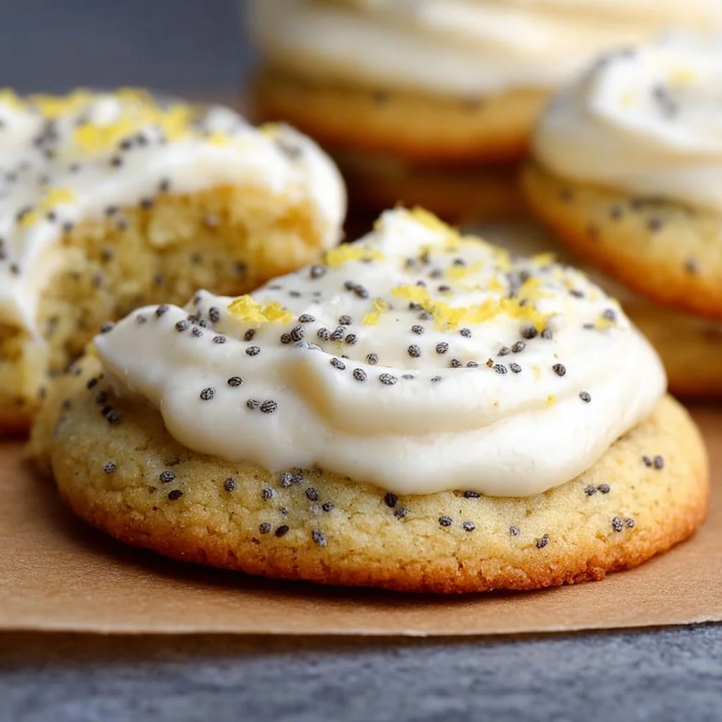Delicious lemon poppy seed cookies with rich cheesecake frosting on a plate