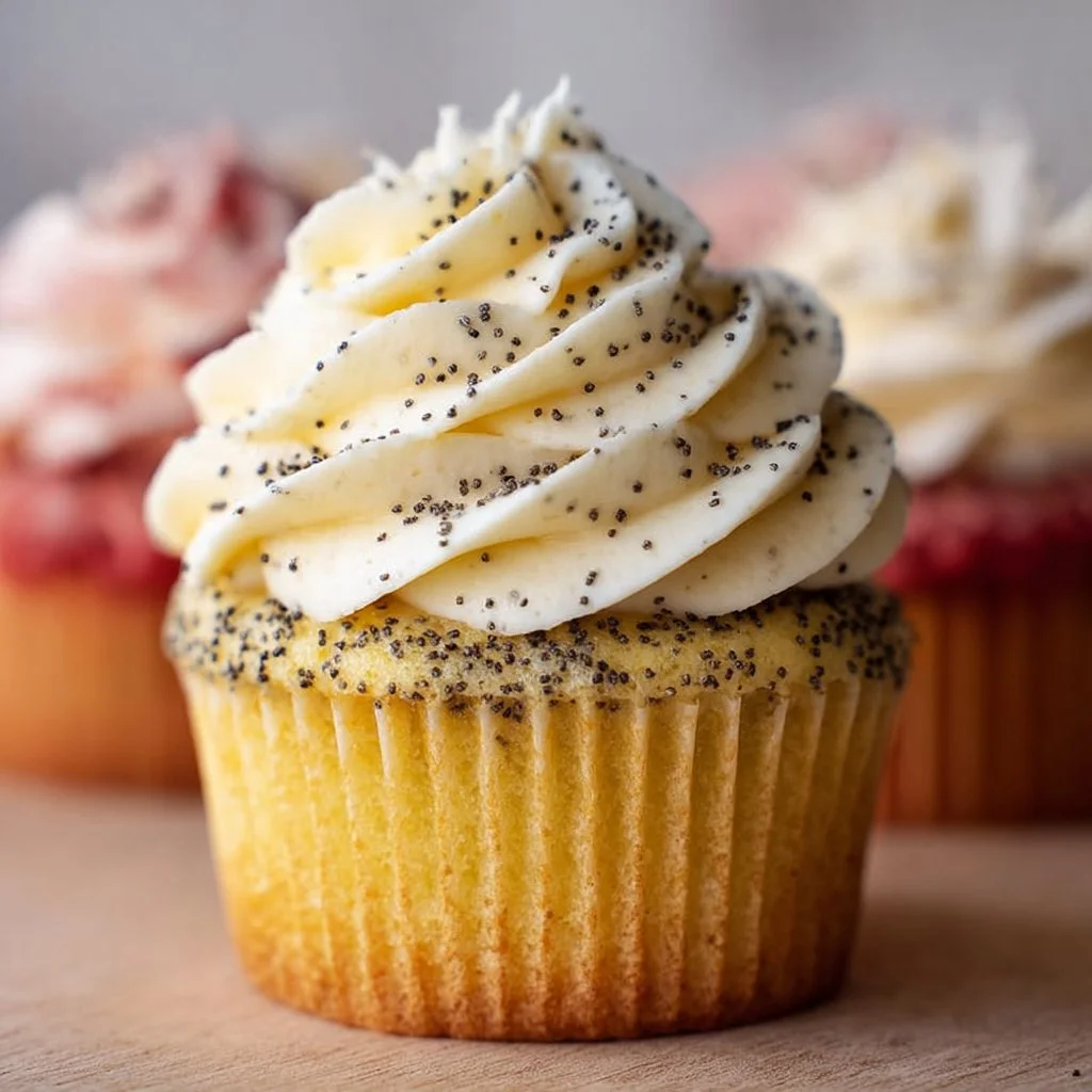 Lemon poppy seed cupcakes topped with a creamy frosting on a decorative plate.