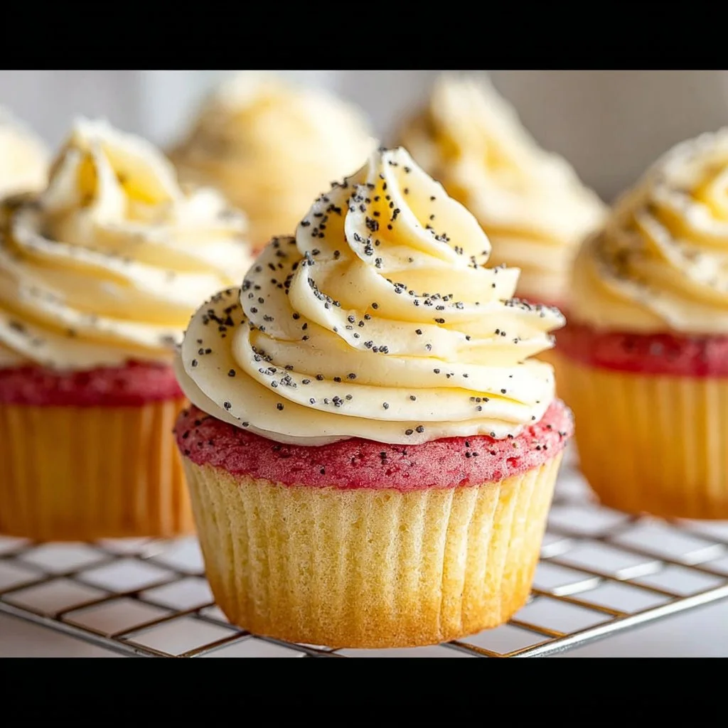 Delicious lemon poppy seed cupcakes topped with creamy frosting