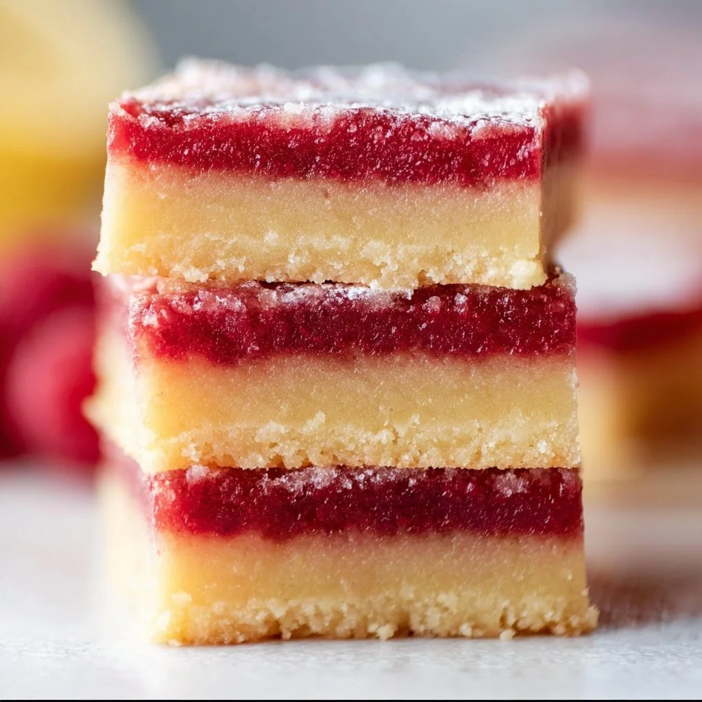 Lemon Raspberry Bars with zesty lemon and fresh raspberries on a plate