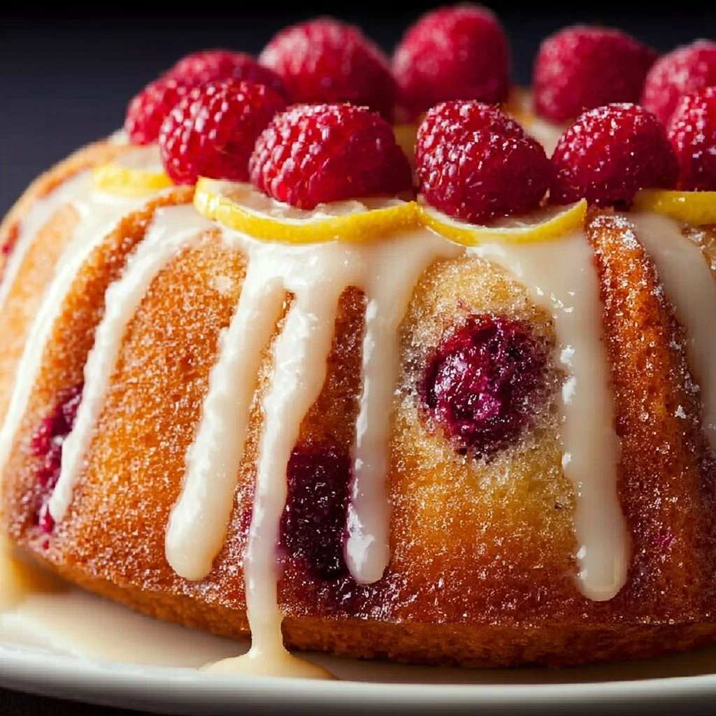 Lemon Raspberry Bundt Cake with a vibrant lemon glaze and fresh raspberries.
