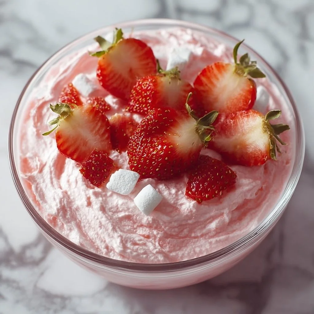 Light and Creamy Pink Fluff dessert topped with colorful sprinkles.