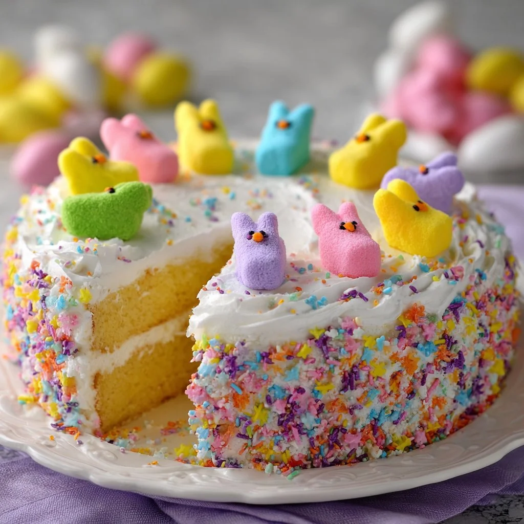 Marshmallow Peeps Easter Cake decorated with vibrant candies and frosting