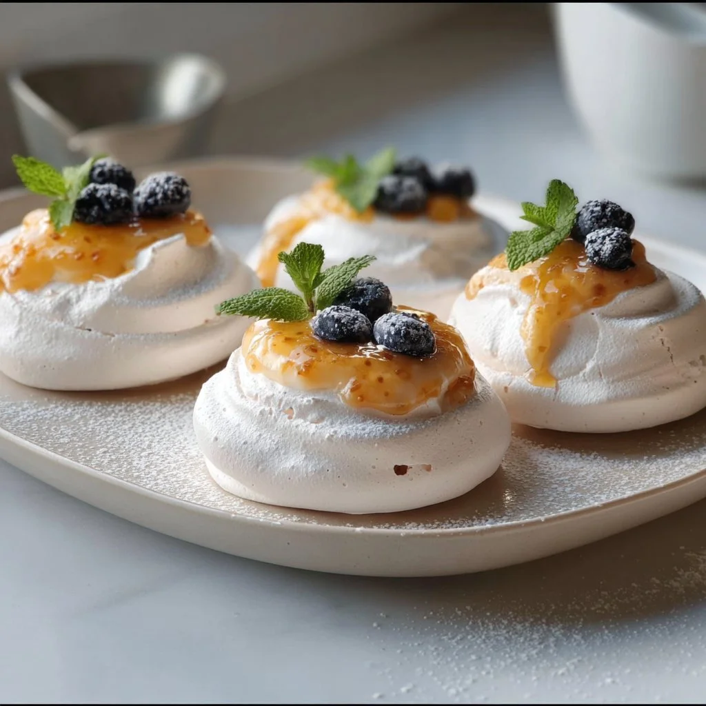Meringues topped with vibrant citrus curd on a plate