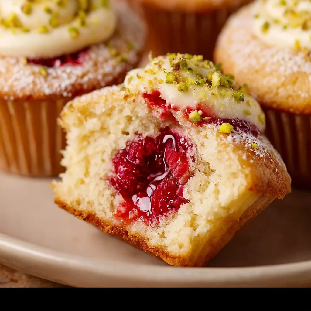 Moist lemon cupcakes with raspberry filling on a white plate
