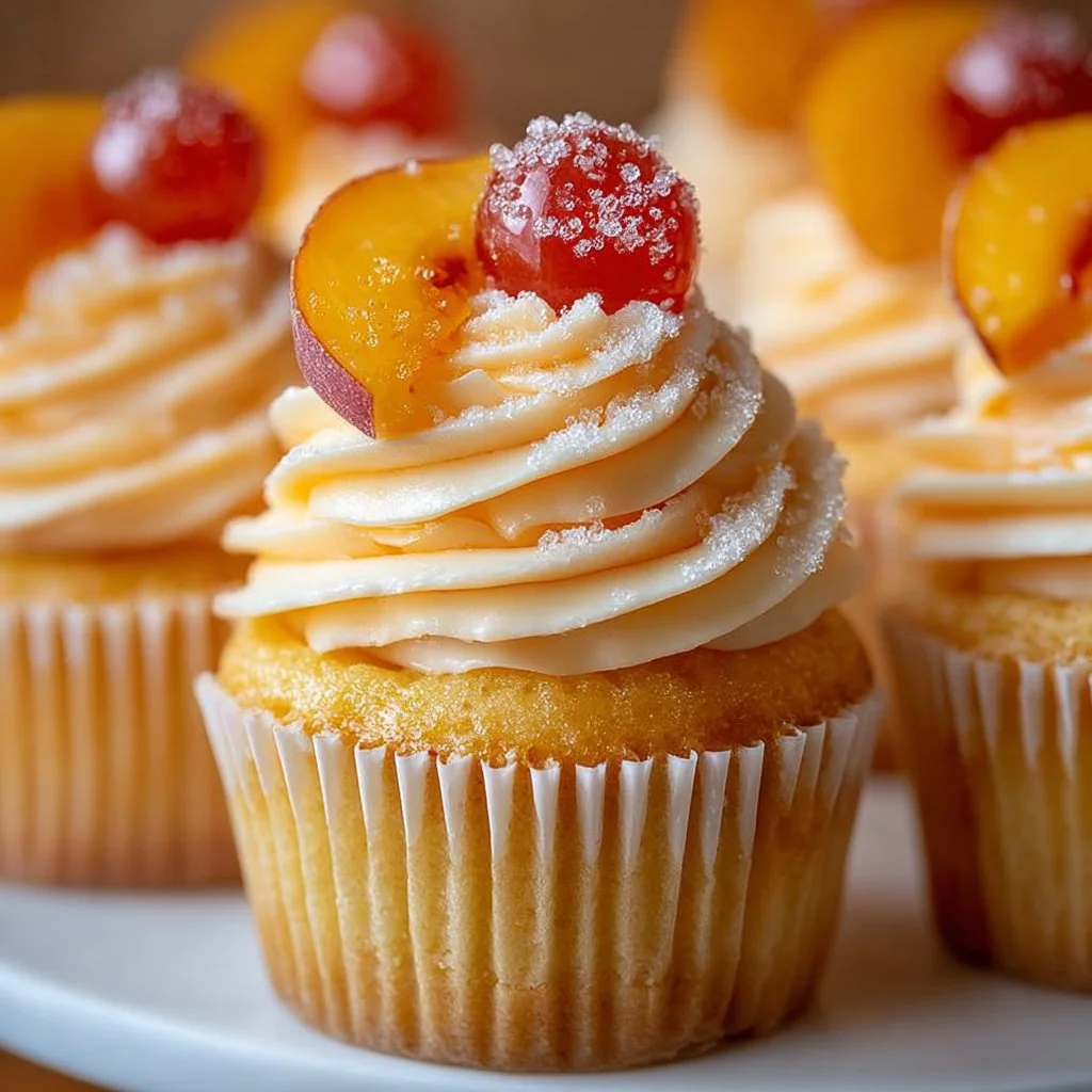 Delicious Peach Bellini Cupcakes topped with peach buttercream frosting
