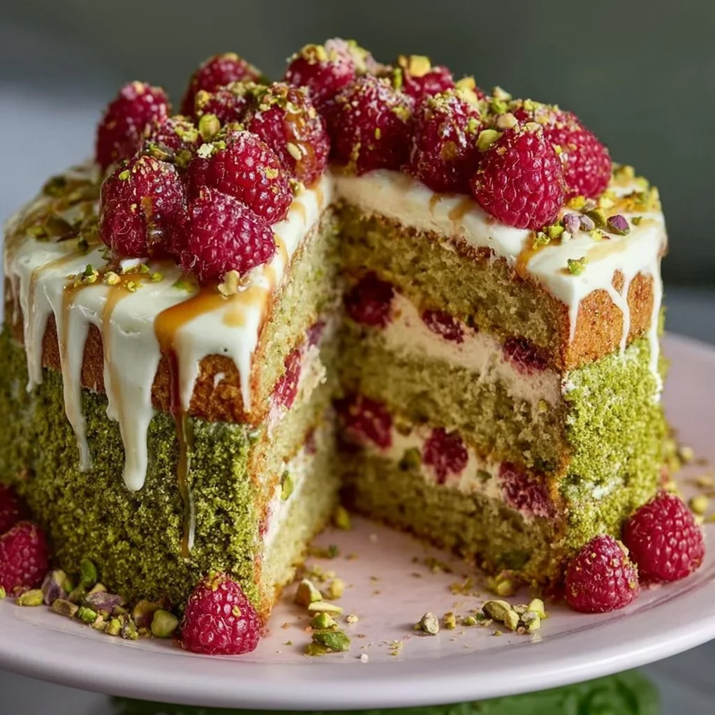 A beautifully decorated Pistachio Raspberry Cake topped with fresh raspberries and pistachios.