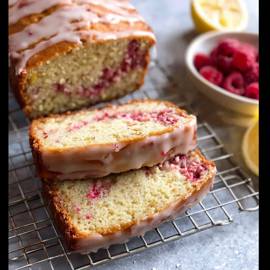 Sliced Raspberry Lemon Poppyseed Loaf Cake with fresh raspberries on a plate