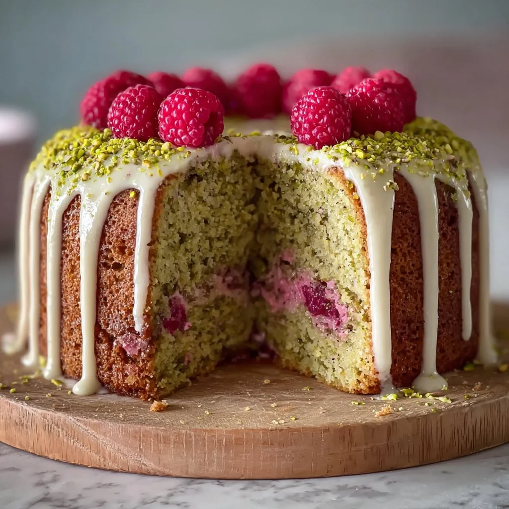 Slice of Raspberry Pistachio Cake garnished with fresh raspberries and pistachios