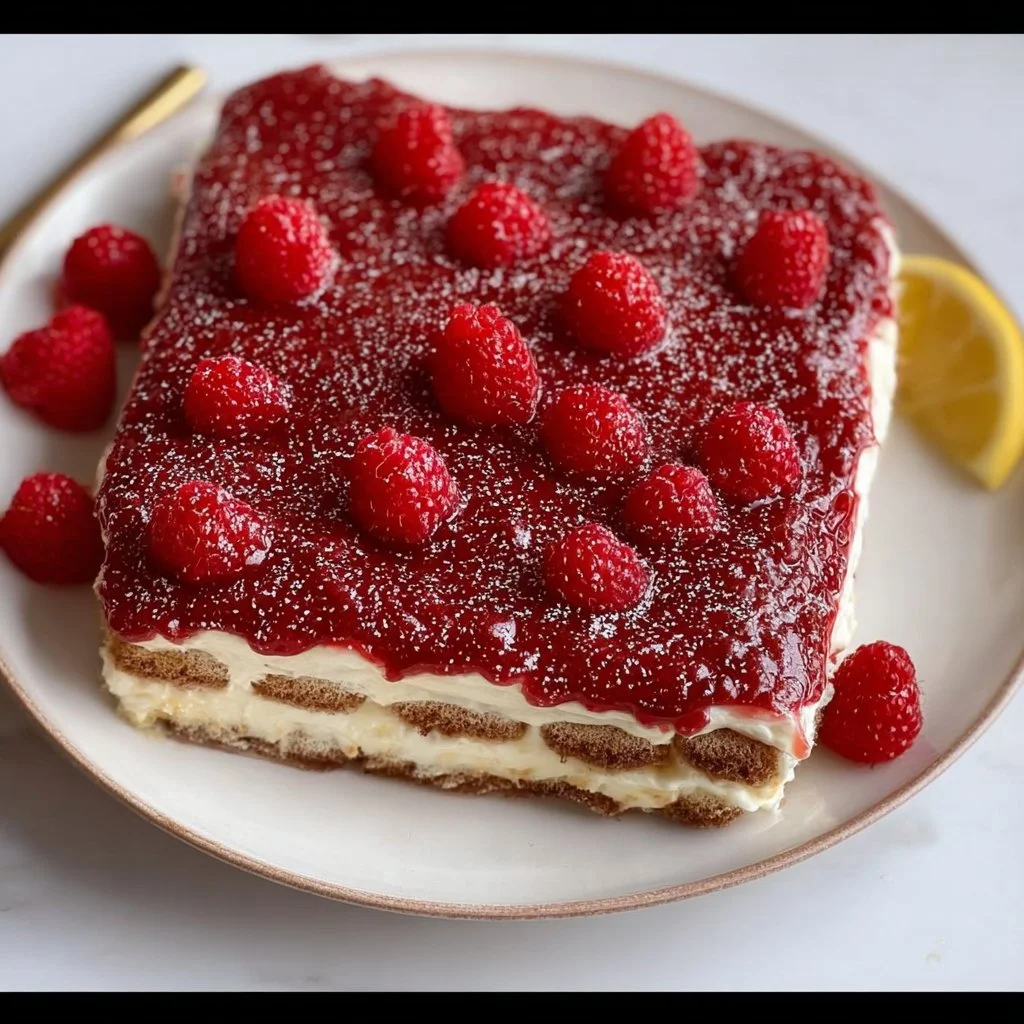 Delicious raspberry tiramisu dessert with layers of mascarpone and fresh raspberries.