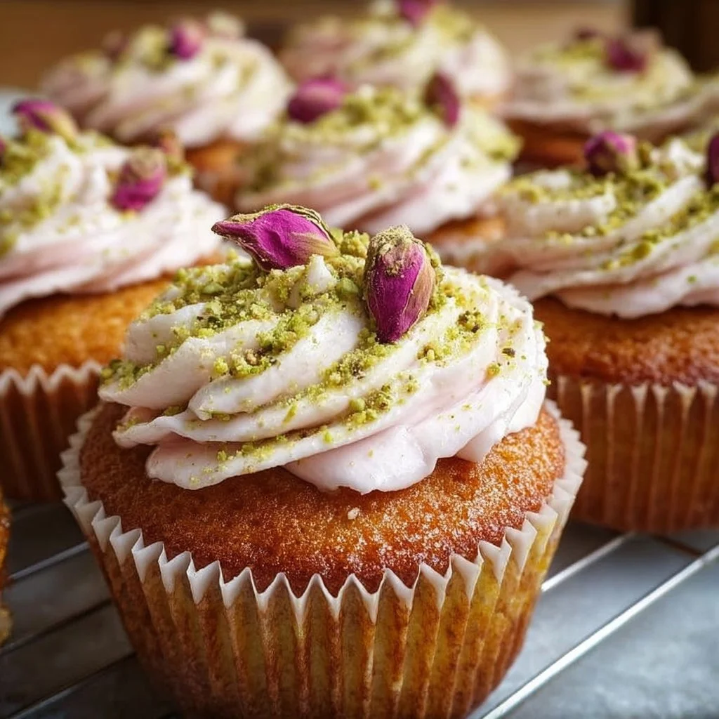 Rose Pistachio Cupcakes topped with edible roses and pistachio nuts
