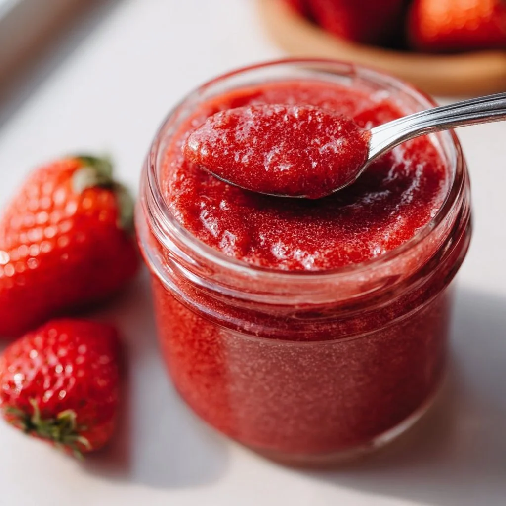 Homemade slow cooker strawberry butter in a jar with fresh strawberries.