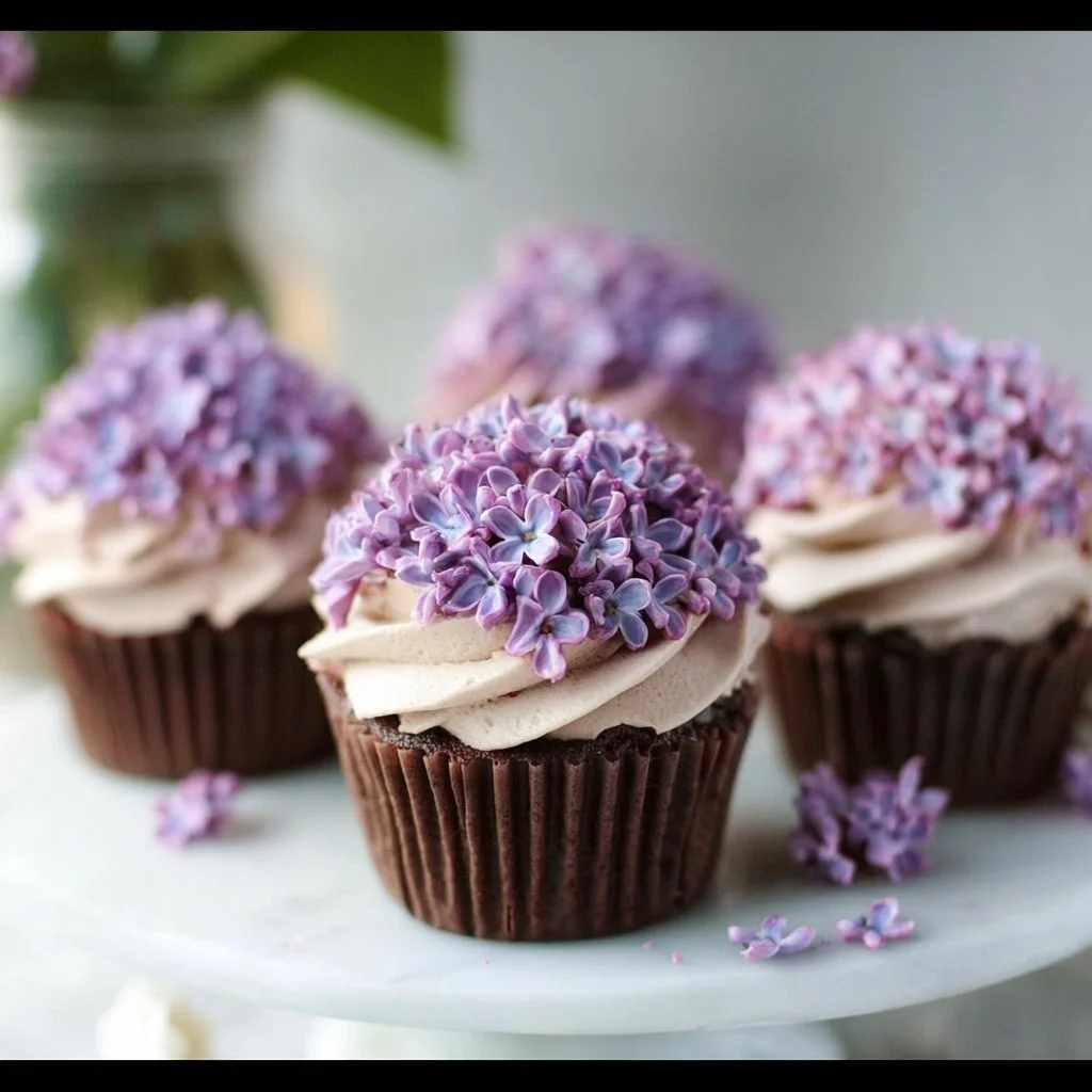 Small batch lilac chocolate cupcakes with floral icing and chocolate garnish.